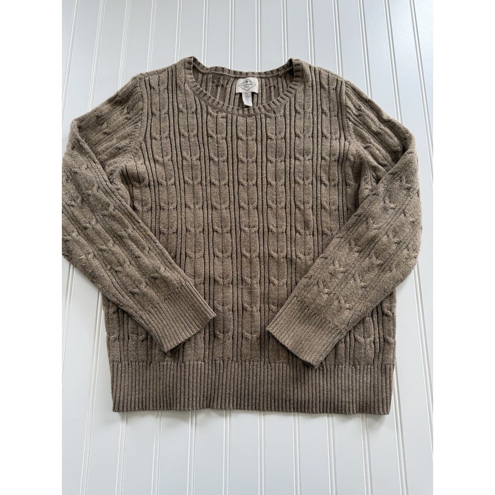 St Johns Bay Petite XL Brown Sparkle Cable Knit Sweater Shimmer Festive